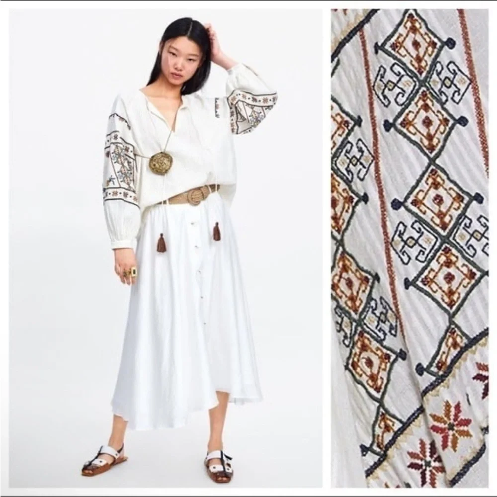 NWT. Zara Ivory Embroidered Blouse. Size M.